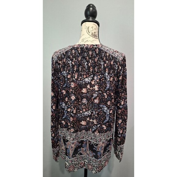 EUC Lucky Brand Black & Pink Floral Boho Long Sleeve Blouse/Sz. S - Picture 2 of 7